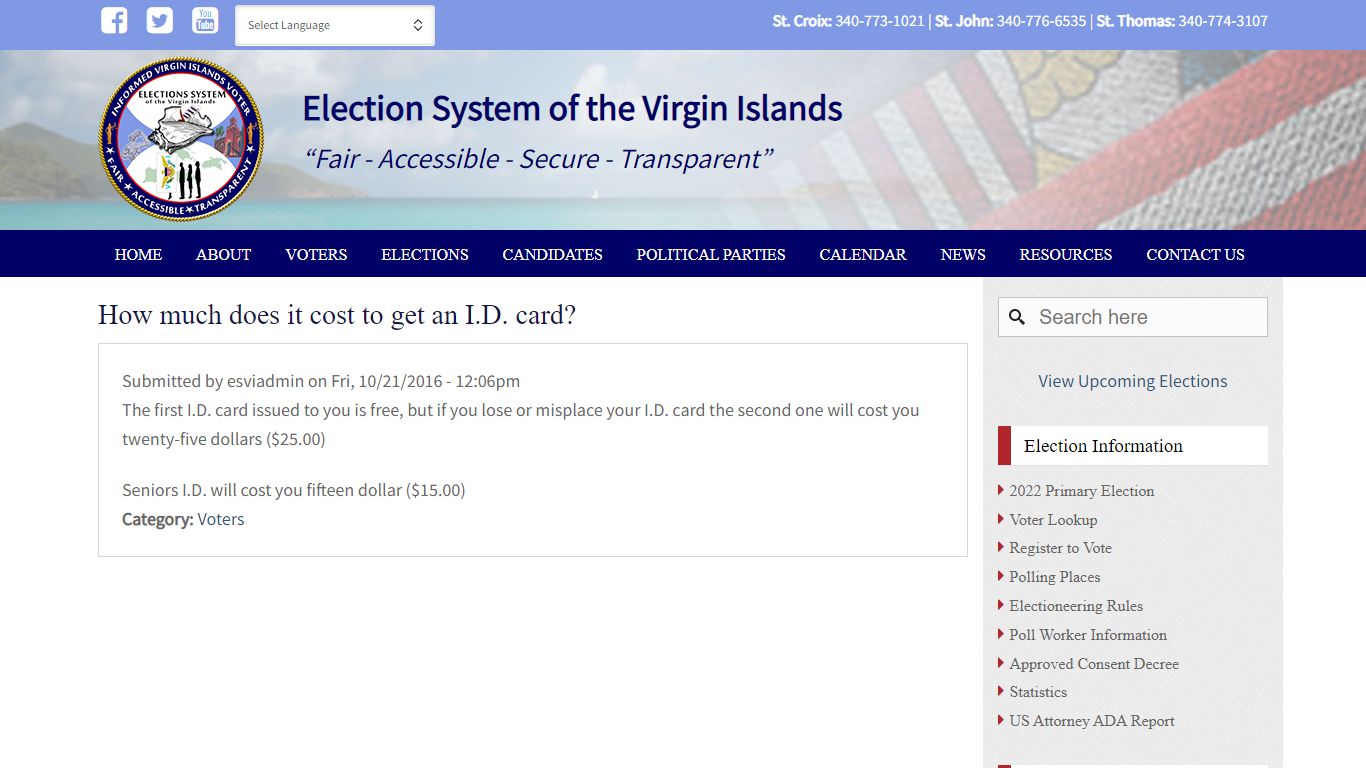 How much does it cost to get an I.D. card? | Election System of the VI